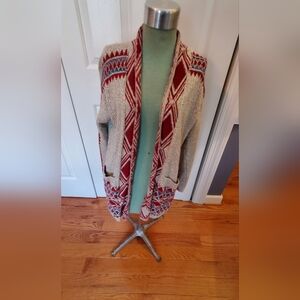 Lucky Brand Red and Gray Geometric Cardigan
